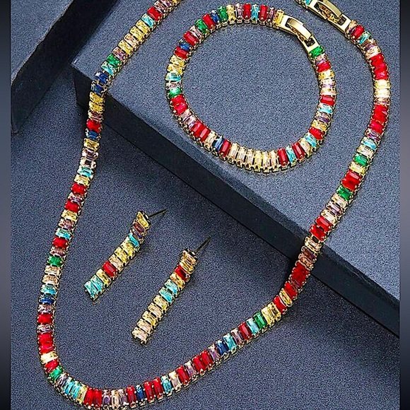 Gold Baguette Multicolor Rhinestone Choker Earrings Bracelet Matching Set 18k - Picture 2 of 13